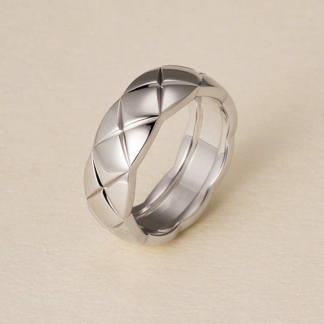 Geometric Quilted Band Ring — Wide & Slim | S925 Sterling Silver