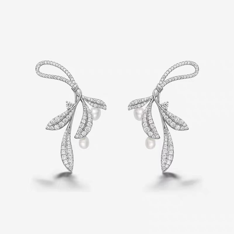 Whispering Leaves Sterling Silver Pearl Earrings