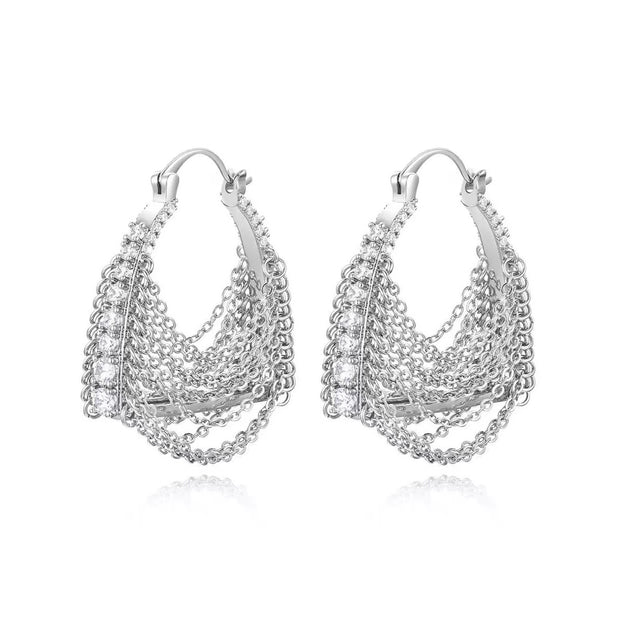 Zirconia Bag Chain Tassel Hoop Earring