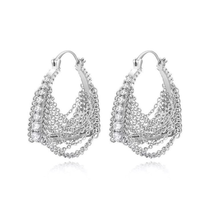 Zirconia Bag Chain Tassel Hoop Earring