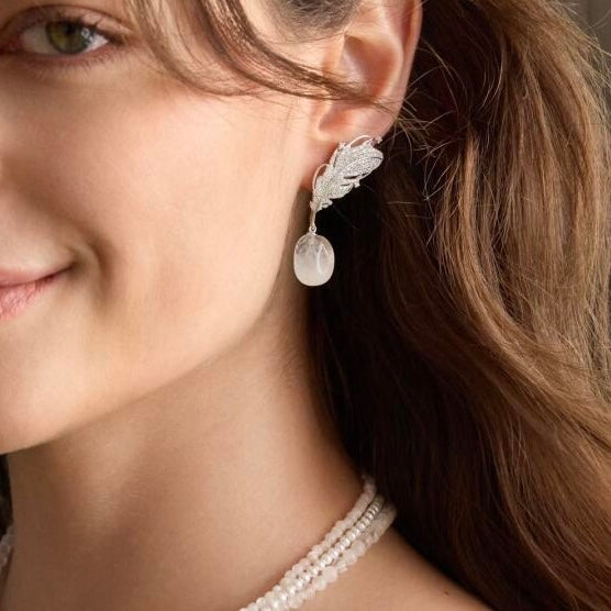 Feather Leaf Pearl Drop Earrings
