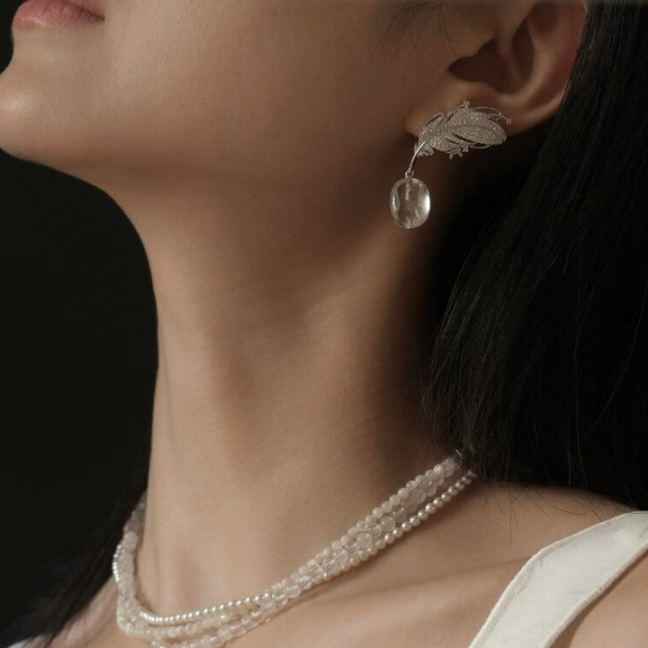 Feather Leaf Pearl Drop Earrings