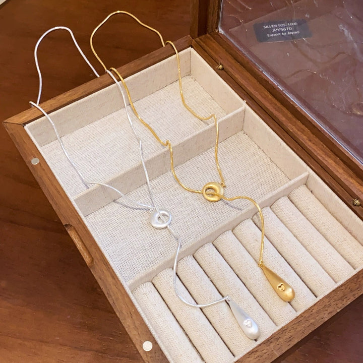 Minimalist Brushed Teardrop Lariat Necklace