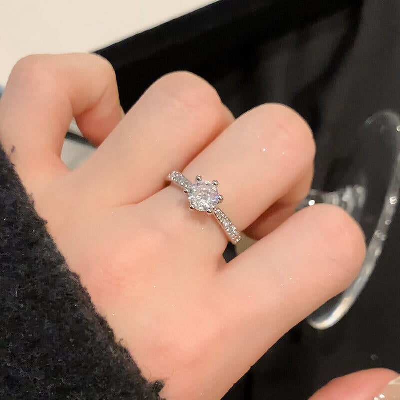 Classic Six-Prong Moissanite Solitaire Ring — Pavé Band | S925 Sterling Silver