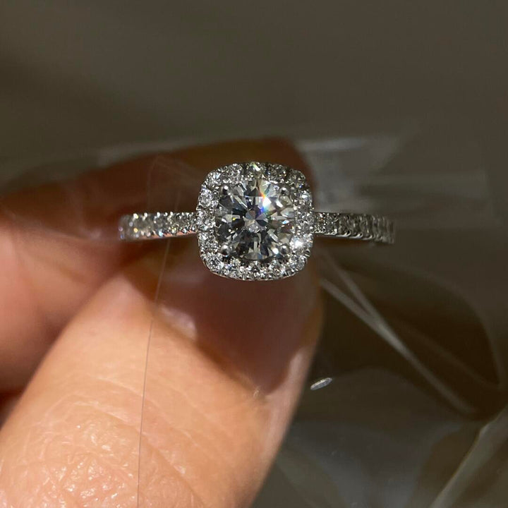 Round Moissanite Halo Engagement Ring — Pavé Band | S925 Sterling Silver