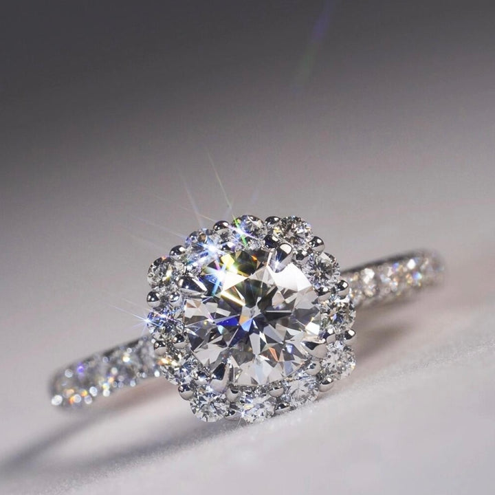 Round Moissanite Halo Engagement Ring — Pavé Band | S925 Sterling Silver