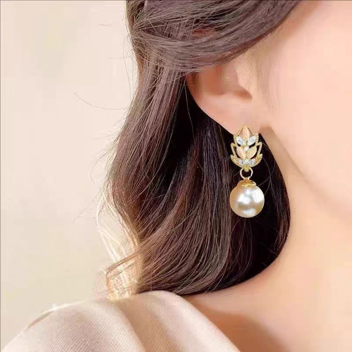 Golden Pearl Leaf Drop Earrings