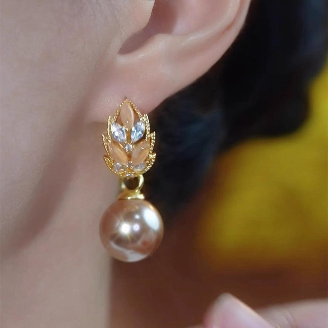 Golden Pearl Leaf Drop Earrings