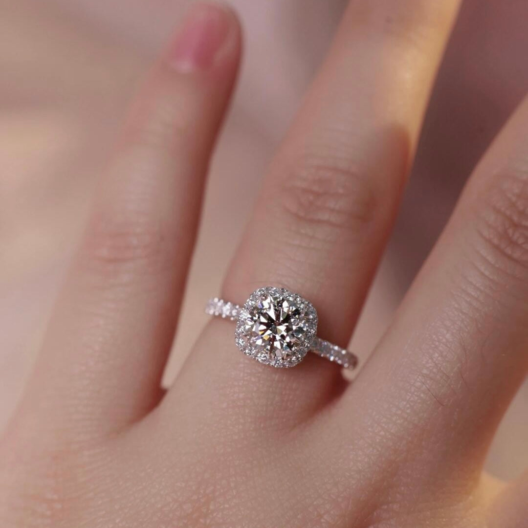Round Moissanite Halo Engagement Ring — Pavé Band | S925 Sterling Silver