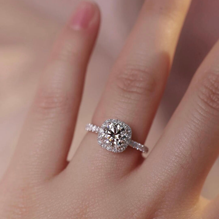 Round Moissanite Halo Engagement Ring — Pavé Band | S925 Sterling Silver