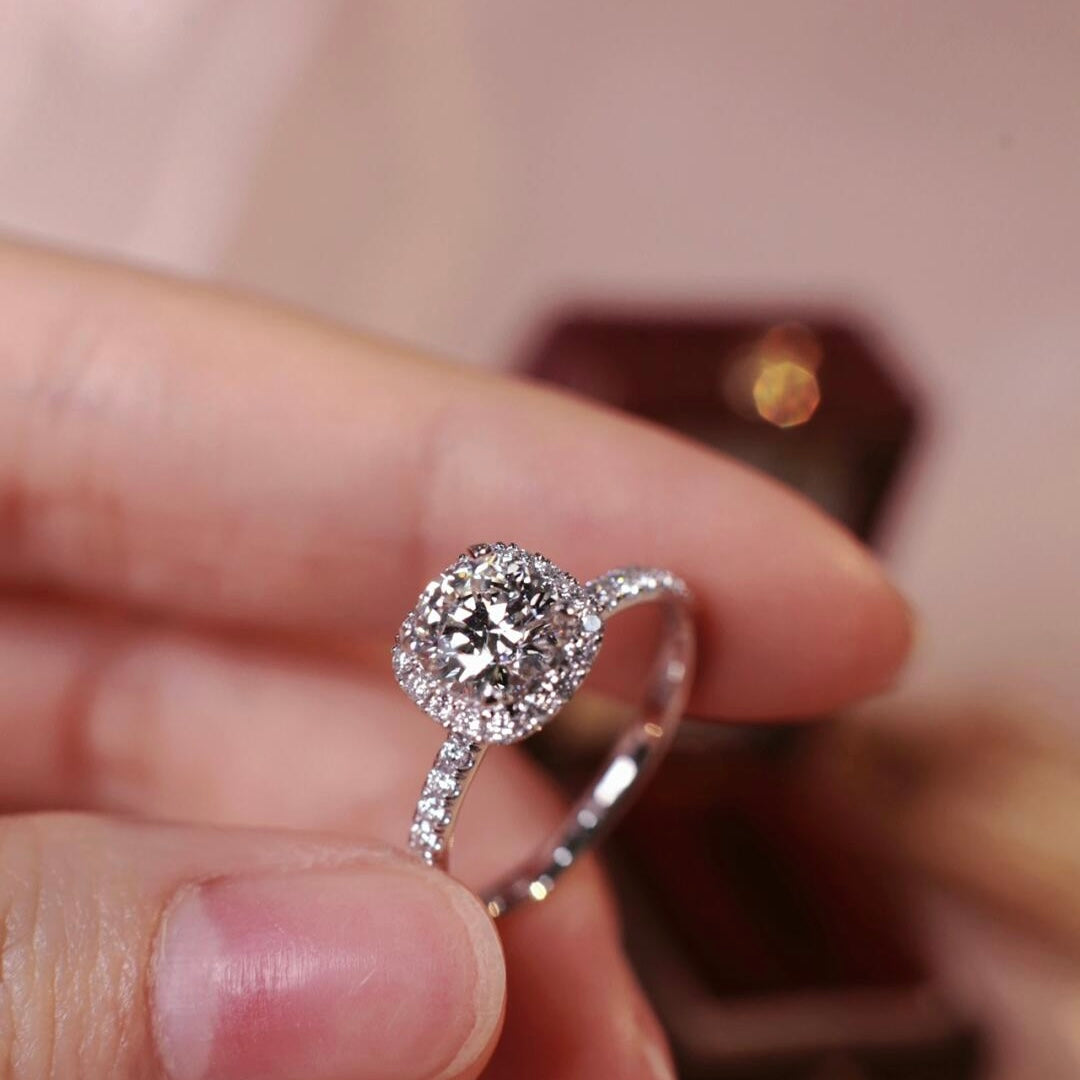 Round Moissanite Halo Engagement Ring — Pavé Band | S925 Sterling Silver