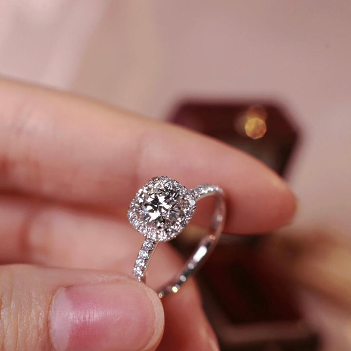 Round Moissanite Halo Engagement Ring — Pavé Band | S925 Sterling Silver