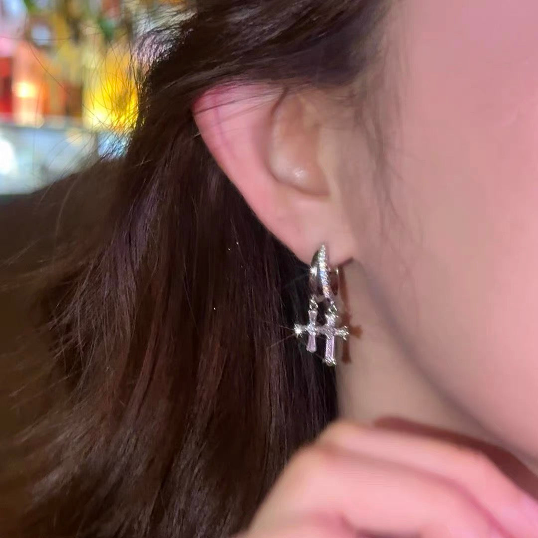 Cross Dangle Zircon Hoop Earrings