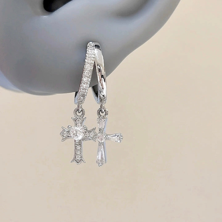 Cross Dangle Zircon Hoop Earrings