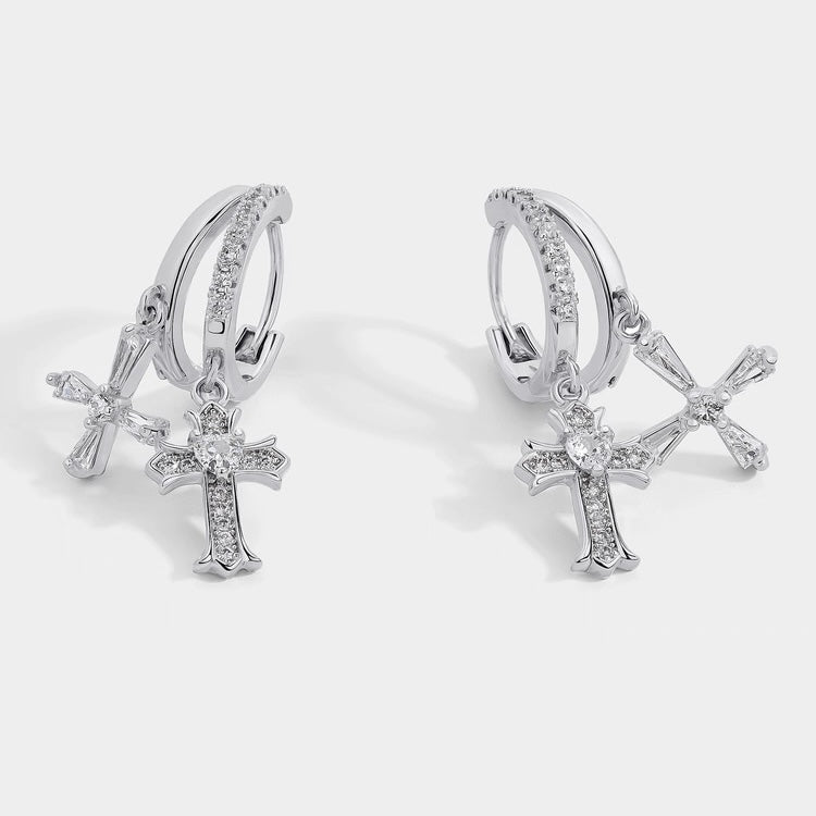 Cross Dangle Zircon Hoop Earrings