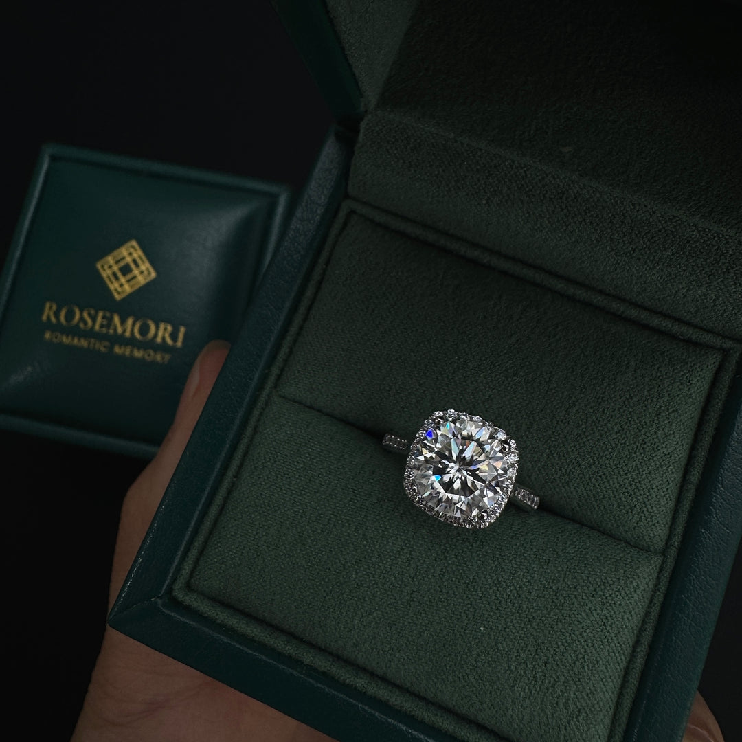 Round Moissanite Halo Engagement Ring — Pavé Band | S925 Sterling Silver