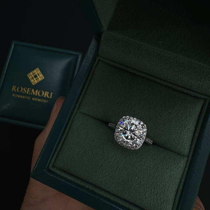 Round Moissanite Halo Engagement Ring — Pavé Band | S925 Sterling Silver