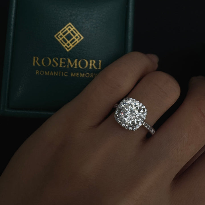 Round Moissanite Halo Engagement Ring — Pavé Band | S925 Sterling Silver