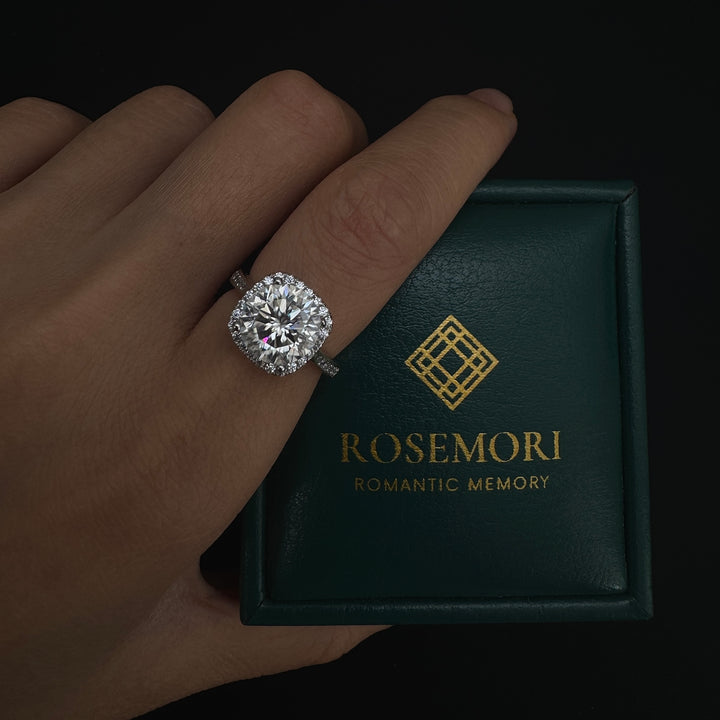 Round Moissanite Halo Engagement Ring — Pavé Band | S925 Sterling Silver