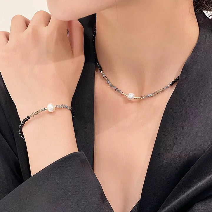 Black Crystal Natural Pearl Bracelet And Necklace Set