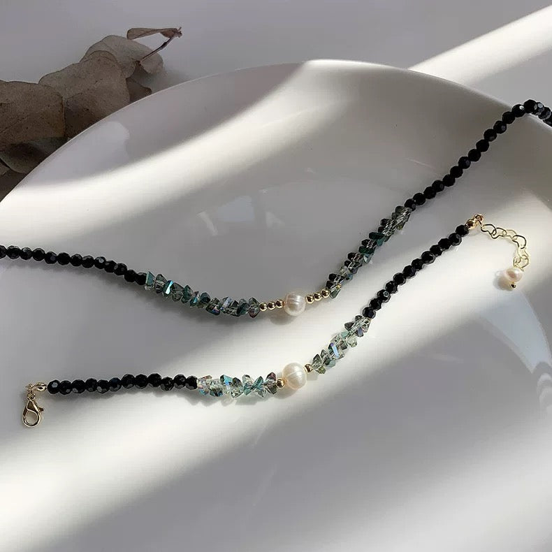Black Crystal Natural Pearl Bracelet And Necklace Set