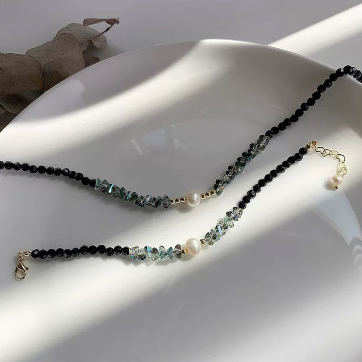 Black Crystal Natural Pearl Bracelet And Necklace Set