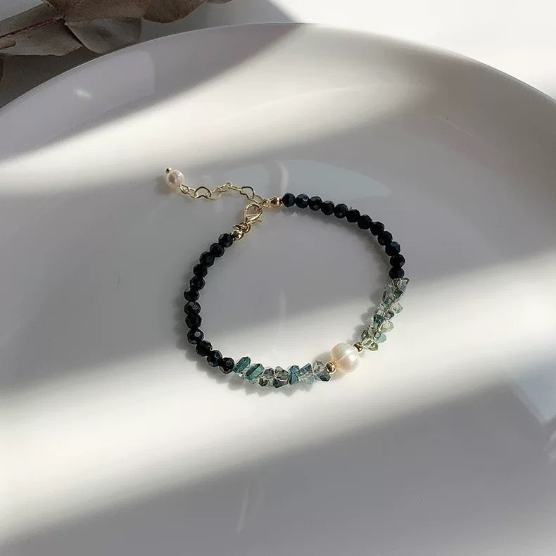 Black Crystal Natural Pearl Bracelet And Necklace Set