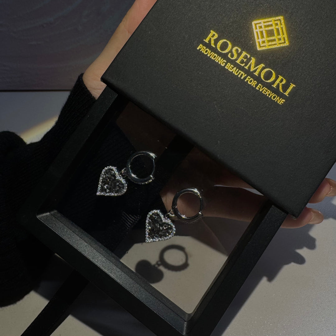 Black Heart Earrings with Sparkling Diamonds