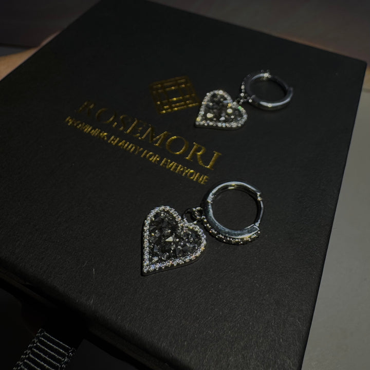Black Heart Earrings with Sparkling Diamonds