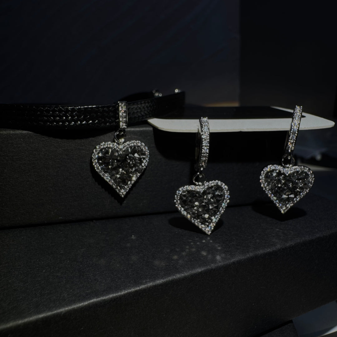Black Heart Earrings with Sparkling Diamonds