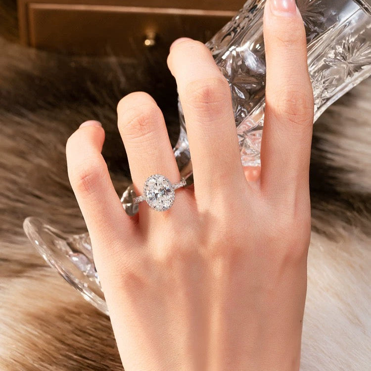 Oval “Pigeon Egg” Halo Moissanite Ring