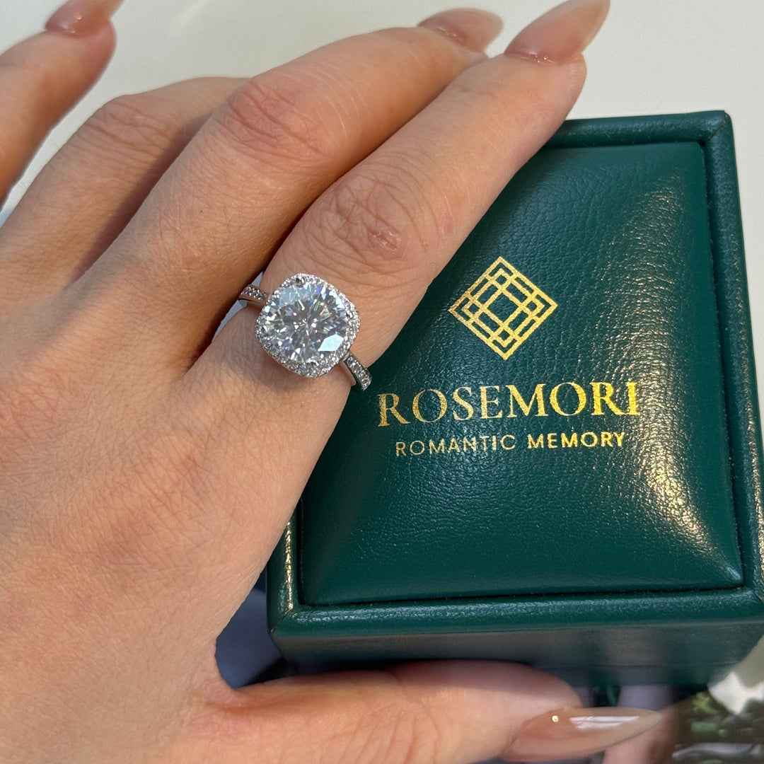Round Moissanite Halo Engagement Ring — Pavé Band | S925 Sterling Silver