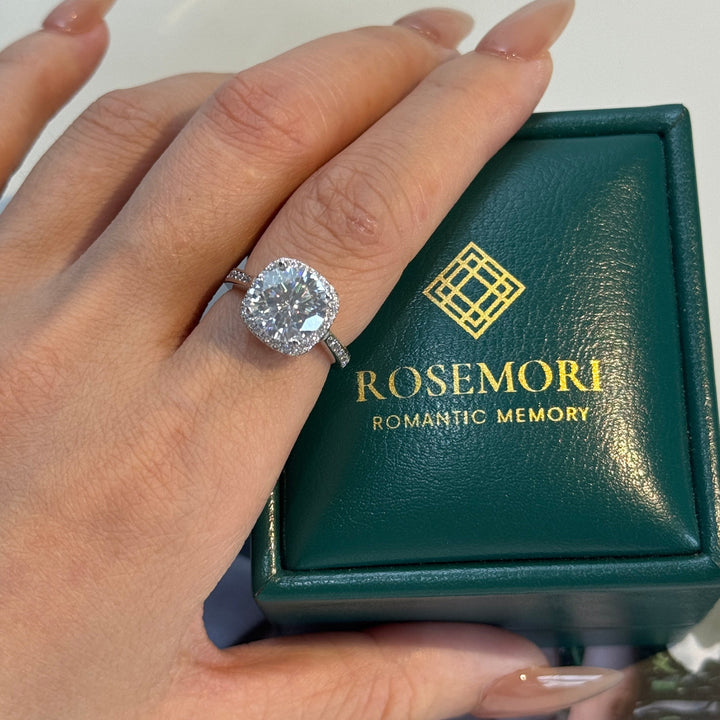 Round Moissanite Halo Engagement Ring — Pavé Band | S925 Sterling Silver