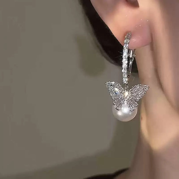 Super Sparkle Zirconia Butterfly Pearl Earrings