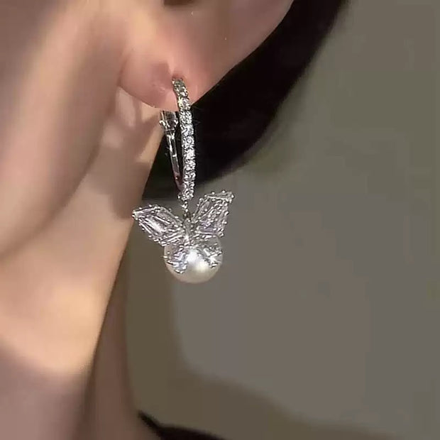 Super Sparkle Zirconia Butterfly Pearl Earrings