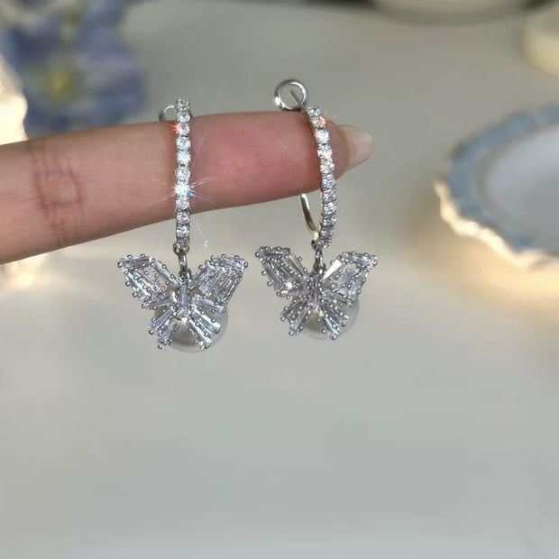 Super Sparkle Zirconia Butterfly Pearl Earrings