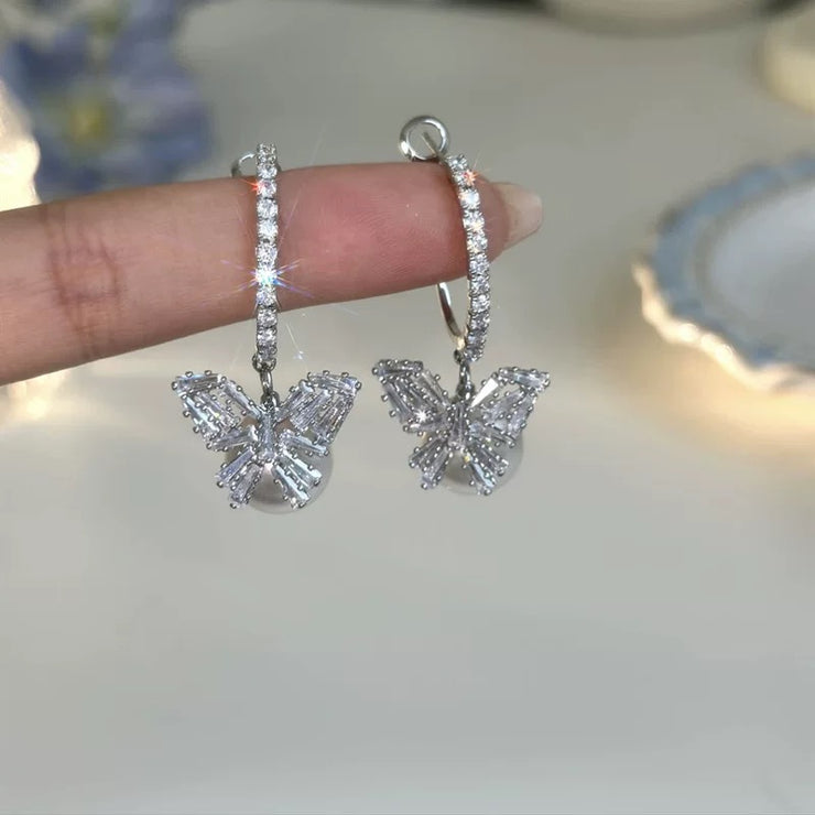 Super Sparkle Zirconia Butterfly Pearl Earrings