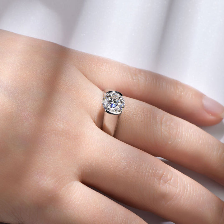 Round-Cut Moissanite Solitaire Ring — Bold Band Design