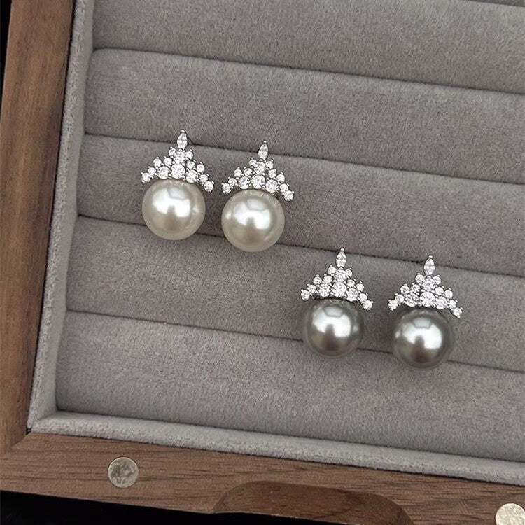 Crown Zirconia Pearl Stud Earrings