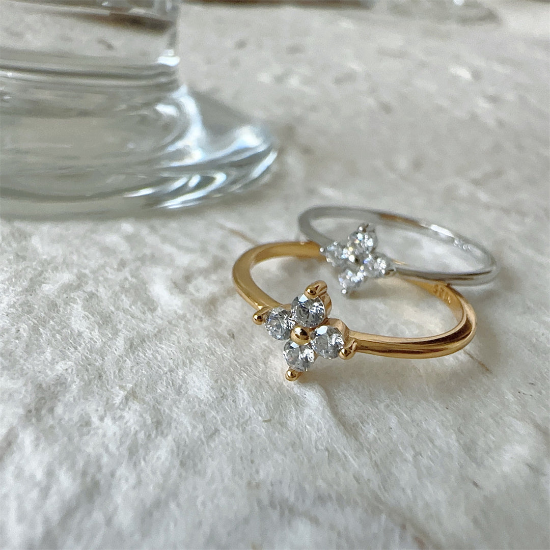 Four-Petal Zircon Stackable Ring — Dainty Floral Band | Gold / Silver | S925 Sterling Silver