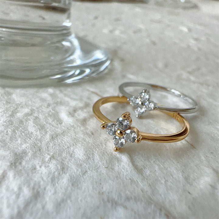 Four-Petal Zircon Stackable Ring — Dainty Floral Band | Gold / Silver | S925 Sterling Silver