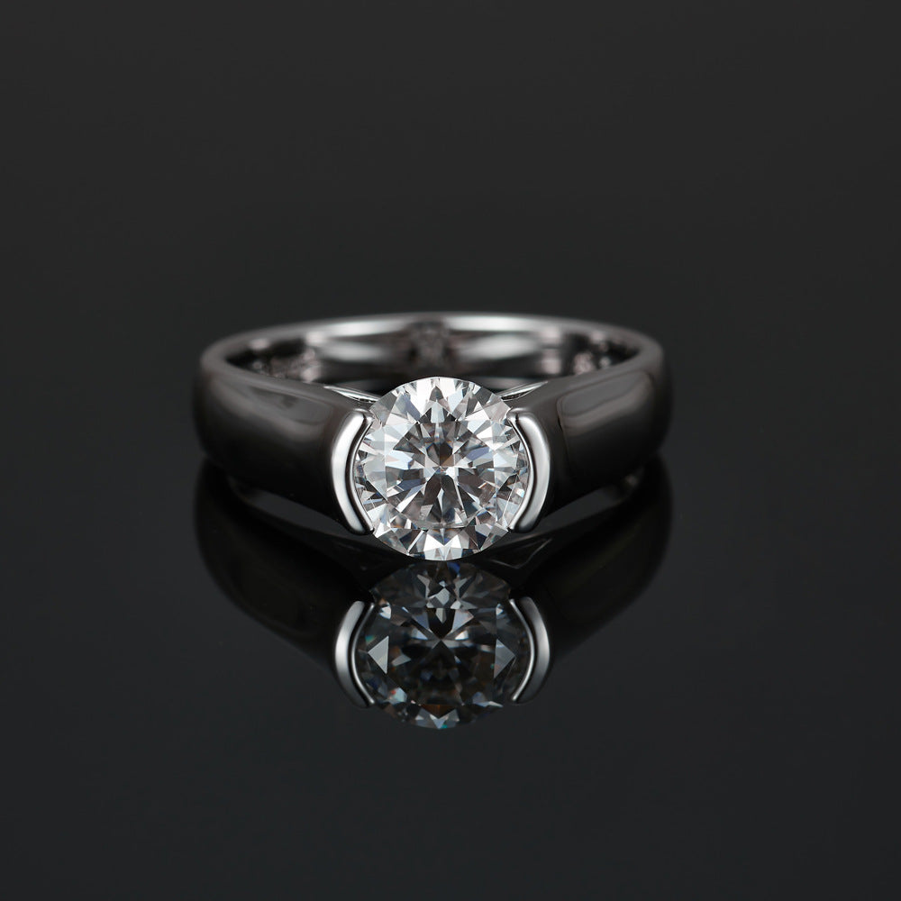 Round-Cut Moissanite Solitaire Ring — Bold Band Design