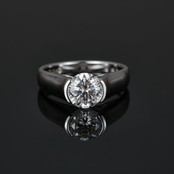 Round-Cut Moissanite Solitaire Ring — Bold Band Design