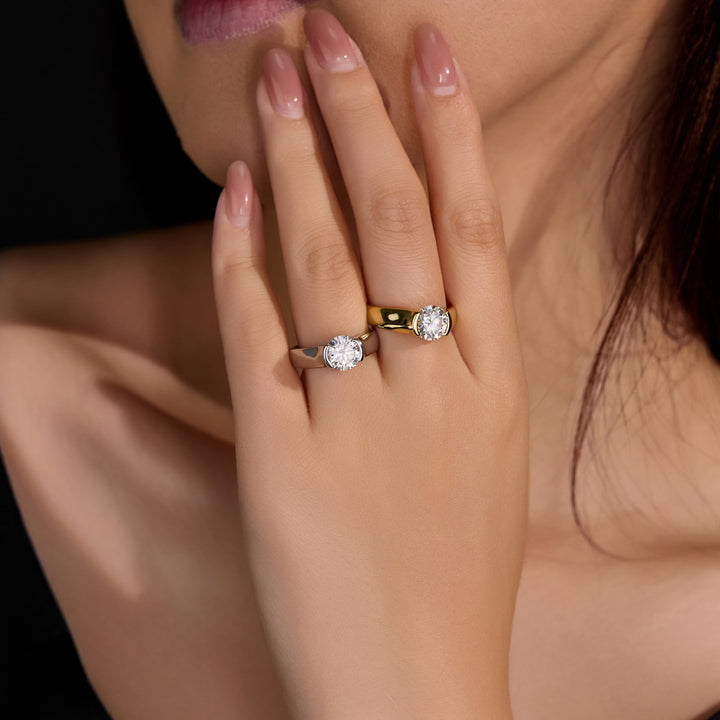 Round-Cut Moissanite Solitaire Ring — Bold Band Design