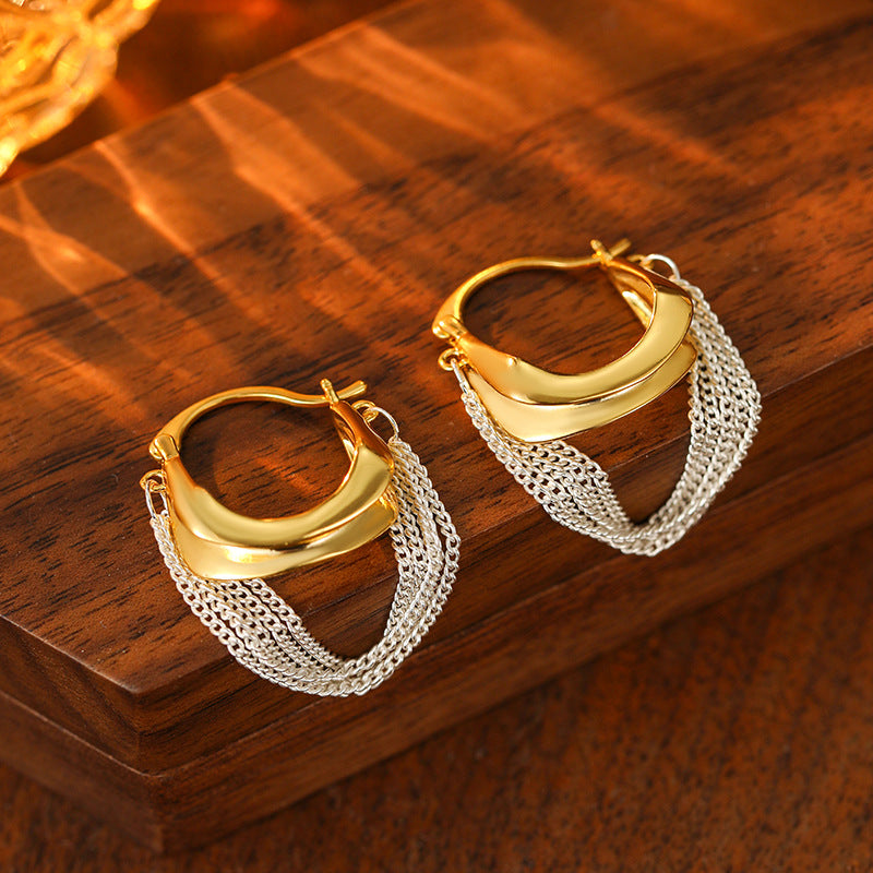 Dual Tone Tassel Hoop Earrings