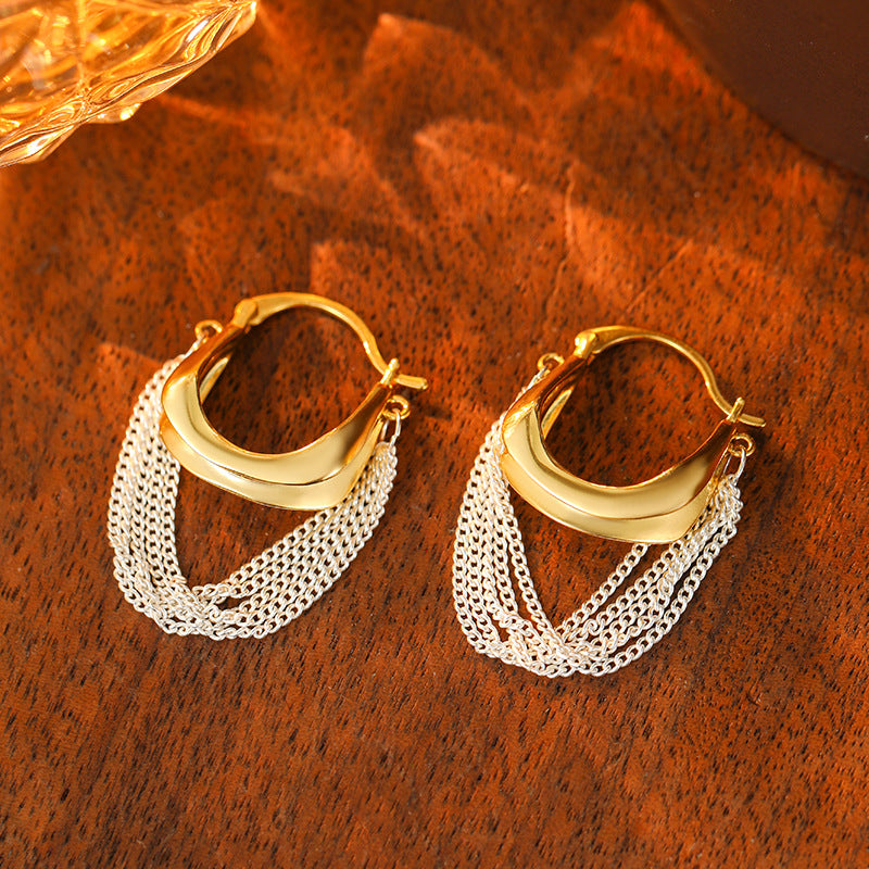 Dual Tone Tassel Hoop Earrings