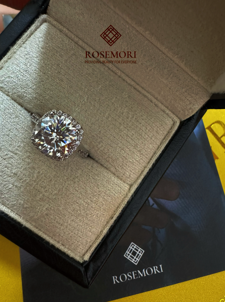 Round Moissanite Halo Engagement Ring — Pavé Band | S925 Sterling Silver