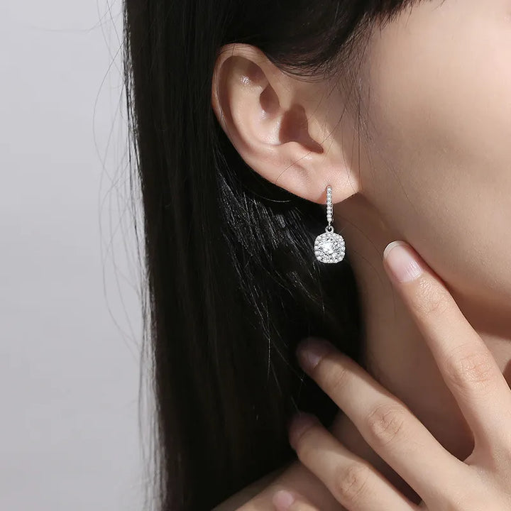 Square Halo Moissanite Drop Earrings