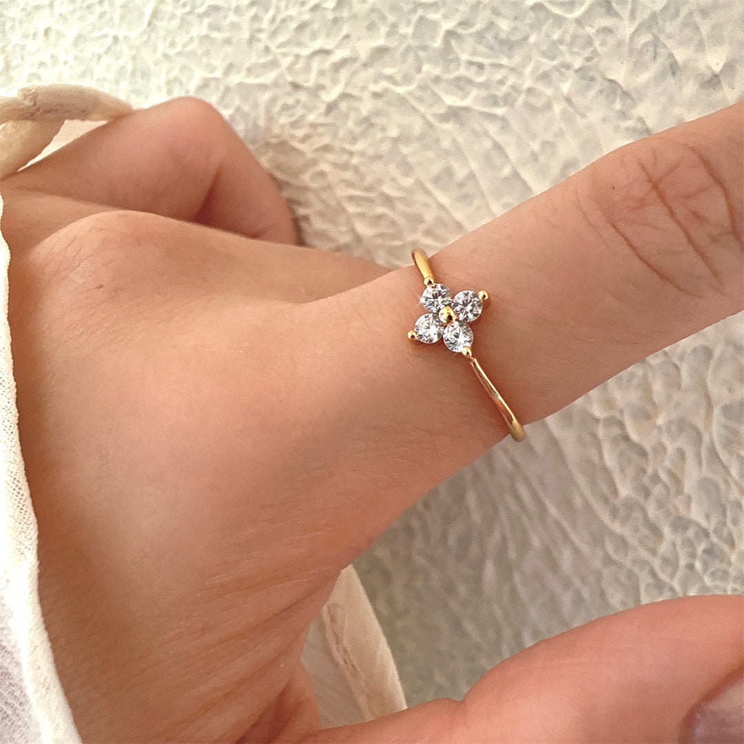 Four-Petal Zircon Stackable Ring — Dainty Floral Band | Gold / Silver | S925 Sterling Silver
