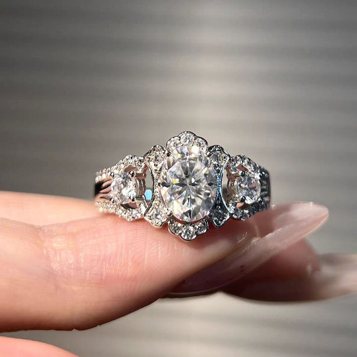 Oval Cut Moissanite Halo Ring — Vintage 3-Stone Design | S925 Sterling Silver